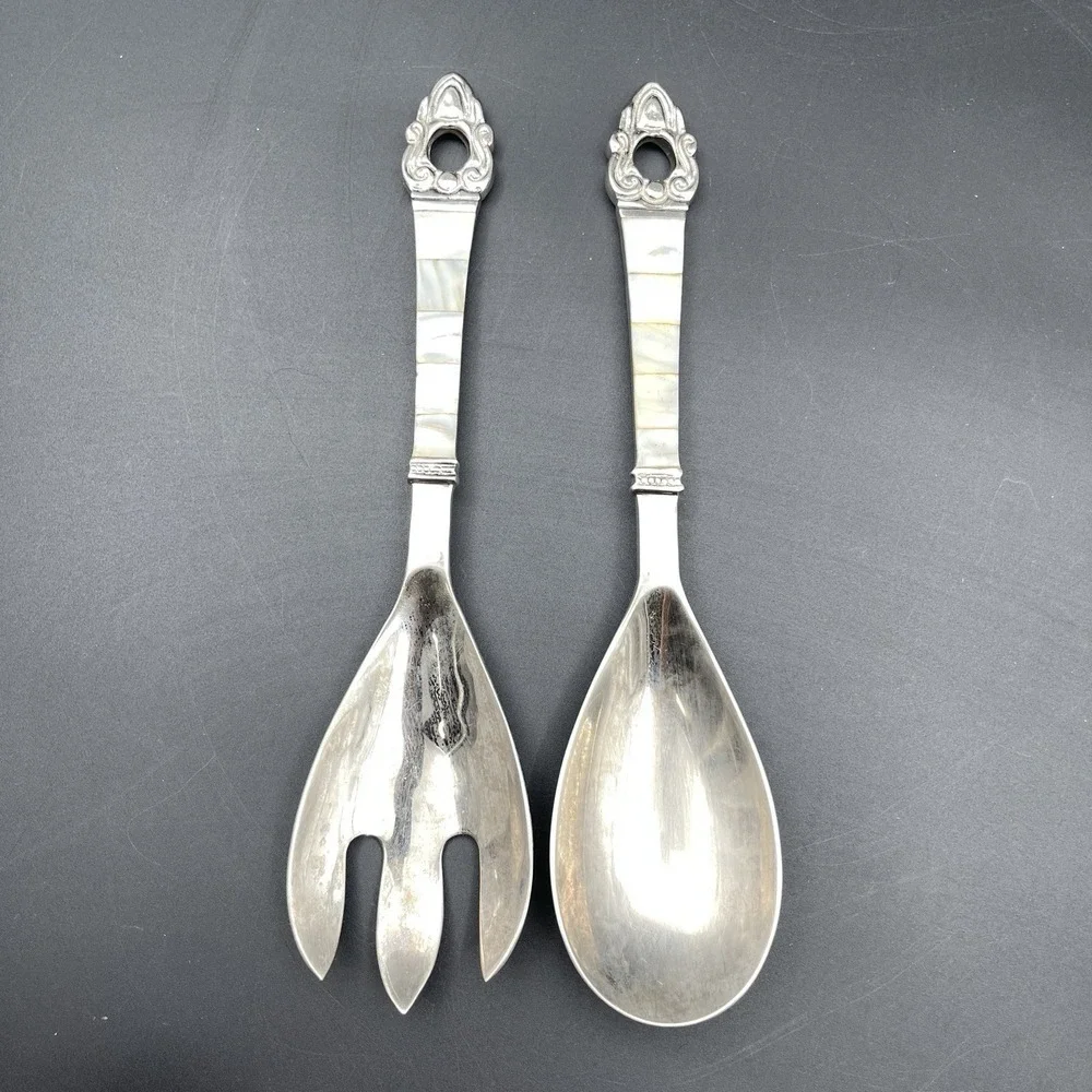 Vintage Mother of Pearl Handle Salad Serving Spoon & Fork Set Unmarked